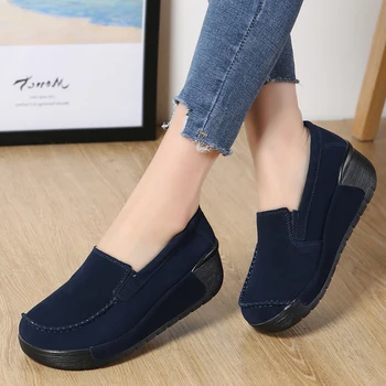 Autentice Din Piele De Moda Plat Pantofi Platforma Femei Adidași Negri 2018 Vacă Din Piele Suede Mid Toc Slip-On Pantofi Casual 40