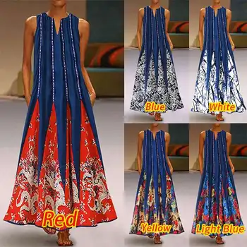 ZANZEA 2021 Moda Imprimate Rochie Maxi Vintage pentru Femei V-Gât Sundress Vară rochițe scurte fără mâneci Vestidos de sex Feminin Floral Haina Plus Dimensiune