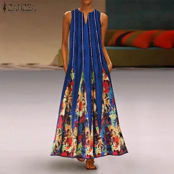 ZANZEA 2021 Moda Imprimate Rochie Maxi Vintage pentru Femei V-Gât Sundress Vară rochițe scurte fără mâneci Vestidos de sex Feminin Floral Haina Plus Dimensiune
