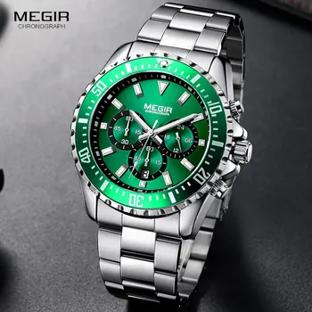 MEGIR Bărbați Cuarț Cronograf Ceasuri din Oțel Inoxidabil rezistent la apa Lumious Analog 24-ore Ceas de mână de Om Verde de Apelare 2064G-9