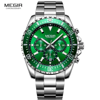 MEGIR Bărbați Cuarț Cronograf Ceasuri din Oțel Inoxidabil rezistent la apa Lumious Analog 24-ore Ceas de mână de Om Verde de Apelare 2064G-9