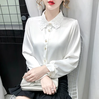 Femei tricou 2020 Toamna anului Nou Împletit Birou de top lady coreeană de moda de îmbrăcăminte maneca Lunga bluza Dantela