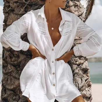 Simplee Sexy white beach acoperi bluza bluza de Vara tunici femei maneca Lunga, costume de baie de acoperire-up-uri topuri Gol afară de costume de baie tricou