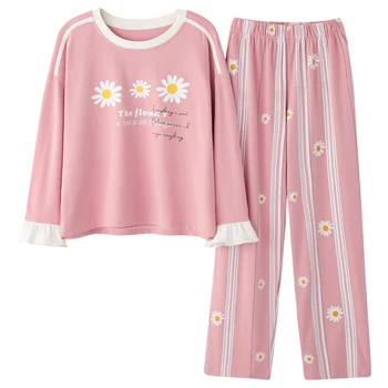 Pijamale de bumbac pentru Femei din Bumbac Homewear Liber Roz Floare Dulce de Acasă Haine cu Maneci Lungi de Pijama Femme Sleepwear M-3XL