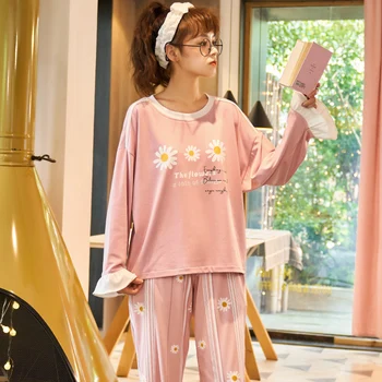 Pijamale de bumbac pentru Femei din Bumbac Homewear Liber Roz Floare Dulce de Acasă Haine cu Maneci Lungi de Pijama Femme Sleepwear M-3XL