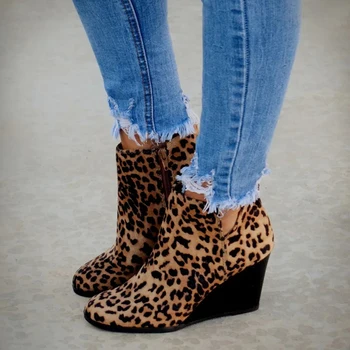 Cap Rotund Toe Papuceii De Iarna Femei Leopard Glezna Cizme Dantela-Up Încălțăminte Platforma Tocuri Inalte Pantofi Pene Femeie Bota Feminina