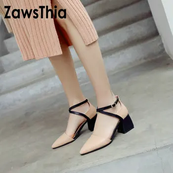 ZawsThia cruce curea de subliniat toe capacul de la picior indesata toc patrat femeie pompe de femei de moda mary janes sandale zapatos de mujer