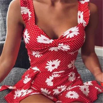 V Gâtului Vară Pentru Femei Rochie De Flori Dots Print Volane Lega Rochie Fără Mâneci Femei Stil Boem Rochie Mini