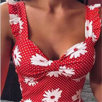 V Gâtului Vară Pentru Femei Rochie De Flori Dots Print Volane Lega Rochie Fără Mâneci Femei Stil Boem Rochie Mini