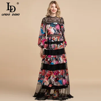LD LINDA DELLA 2020 Primăvară Designer de Moda Vintage Maxi Rochie Femei, cu Maneci Lungi din Dantela Mozaic Flori de Imprimare Partid Rochie Lunga