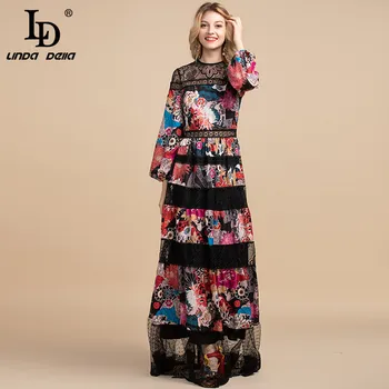 LD LINDA DELLA 2020 Primăvară Designer de Moda Vintage Maxi Rochie Femei, cu Maneci Lungi din Dantela Mozaic Flori de Imprimare Partid Rochie Lunga