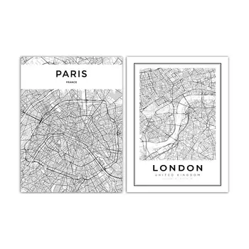 Paris, Londra arată Hartă Negru și Alb Minimalist Modern Imprimare Panza Arta de Perete Decor Perete Tablouri pentru Living B5333