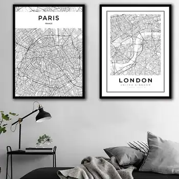 Paris, Londra arată Hartă Negru și Alb Minimalist Modern Imprimare Panza Arta de Perete Decor Perete Tablouri pentru Living B5333