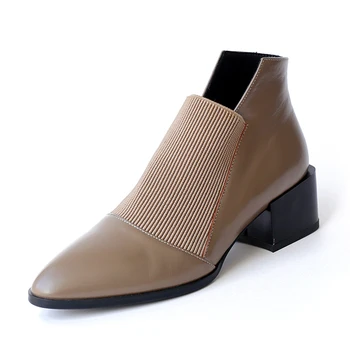 RIZABINA Real din Piele Glezna Cizme Pentru Femei Subliniat de la Picior Toc Gros Alunecare Pe Pantofi Mozaic Pantofi Încălțăminte Solidă Dimensiune 34-40
