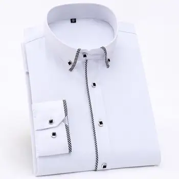 Barbati Tricou cu Maneci Lungi, Guler Contrast cu Carouri Conducte pe Placket si Mansete-Buzunar mai puțin de Design Casual Standard-fit Shirt