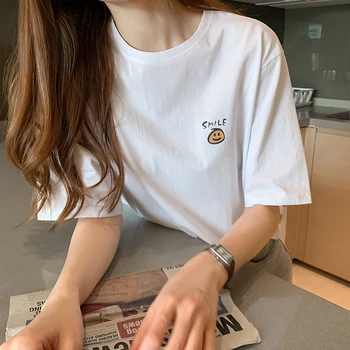 Smiley Imprimare De Vara Tricouri Femei O-Gat Maneci Scurte Casual Din Bumbac Top Teuri Plus Dimensiune Pierde T-Shirt-Coreean 2020 Streetwear X027