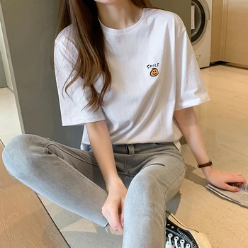 Smiley Imprimare De Vara Tricouri Femei O-Gat Maneci Scurte Casual Din Bumbac Top Teuri Plus Dimensiune Pierde T-Shirt-Coreean 2020 Streetwear X027