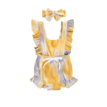 Copil nou-născut Fete Costume de Vară fără Mâneci Gradient Tie-dye Print Ciufulit Body+ Banda 2 buc Haine Tricotate Îmbrăcăminte