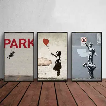 Banksys Graffiti Street Art Abstract Panza Pictura Postere si Printuri Fata Cu Balon Roșu Perete Panza de Artă Home Decor Negru