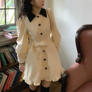 Vintage Rochie Eleganta pentru Femei Toamna Mozaic Butonul Dulce Mini-Rochie Office Lady Casual kawaii coreean singură bucată Rochie de Femei 2020