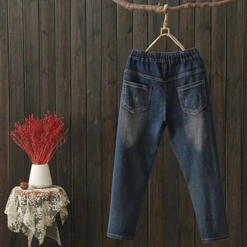 Primăvara New Sosire Stil De Arte Femei Talie Elastic Liber Blugi Casual Floare Broderie Vintage Jeans Bumbac Denim Pantaloni D540