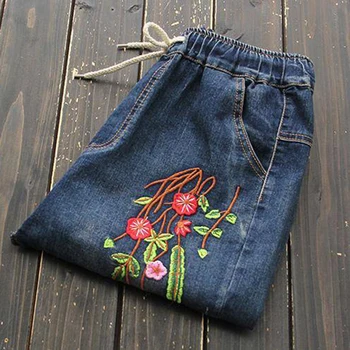 Primăvara New Sosire Stil De Arte Femei Talie Elastic Liber Blugi Casual Floare Broderie Vintage Jeans Bumbac Denim Pantaloni D540