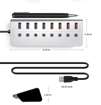 Aliaj de aluminiu de 8-port USB3.0 Splitter 4 Port Laptop Extins HUB USB 4-Port de Încărcare Rapidă Adaptor Extern 12V 4A Alimentare
