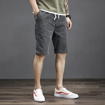 Bărbați Moda de Vara Japonia Stil de Bumbac cu Dungi, Talie Elastic cu Cordon din Denim Scurt, Masculin Casual 7XL de Mari Dimensiuni Clasice pantaloni Scurți