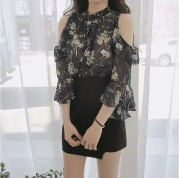 Șifon Bluze Tricouri Femei Topuri Coreeană Stil De Design Mov Negru Șifon Florale Imprimate Sexy Deschide Pe Umăr De Sus Bluza