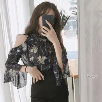 Șifon Bluze Tricouri Femei Topuri Coreeană Stil De Design Mov Negru Șifon Florale Imprimate Sexy Deschide Pe Umăr De Sus Bluza
