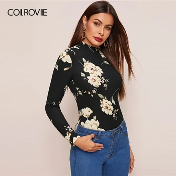 COLROVIE Mock-gat imprimeu Floral Montat Femei Slim Fit Tee Teu În 2020 Primăvară Multicolor Casual, Pulovere Maneca Lunga Elegante, Topuri