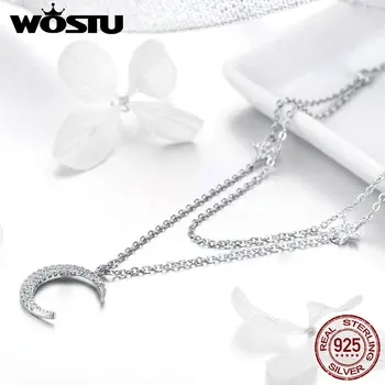 WOSTU de Lux 925 Sterling Silver Moon & Stars Pandantiv Coliere Reglabile Dublu Lanț Lung Pentru Femei Bijuterii de Moda FNN038