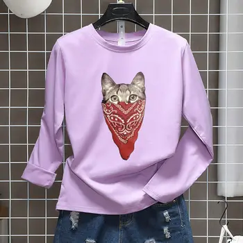 Casual Pentru Femei Tricou Maneca Lunga Stil Coreean Subțire De Bază Tricou Top Femei Haine Toamna Iarna T Shirt Femme Cat De Cowboy