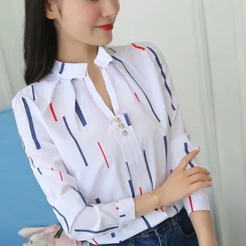 Plus Dimensiune Femei Alb Topuri și Bluze de Moda Stripe Print cu Maneci Lungi Casual Office Lady Munca Tricouri Femei Slim