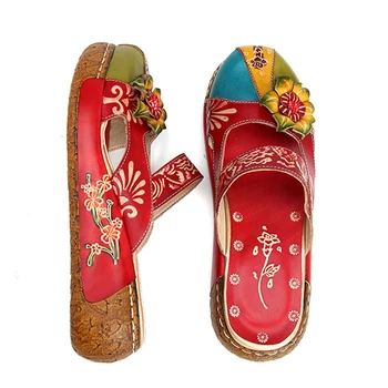 Socofy Casual Vintage Pantofi Plat pentru Femei Imprimate din Piele Bohemian Summer Beach Pantofi Retro Flori fara Spate Slip-on Apartamente Zapatos
