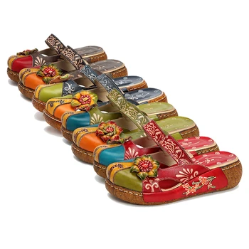 Socofy Casual Vintage Pantofi Plat pentru Femei Imprimate din Piele Bohemian Summer Beach Pantofi Retro Flori fara Spate Slip-on Apartamente Zapatos