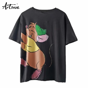 Artsnie streetwear desene animate de imprimare femei tricou de vară 2020 o gât scurt cu maneci supradimensionate topuri de sex feminin casual gri t-shirt