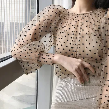 Sexy Tricou Femei Plasă De Perspectivă Tricou Dulce Dot Print Tee Camasa Maneca Lunga O Gât Topuri Noi