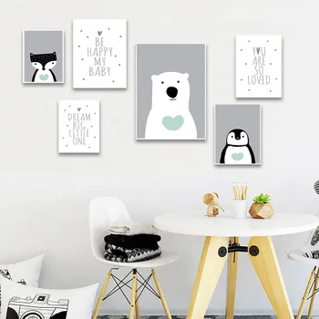 Pinguin, Urs Polar Animale, Desene Animate, Pictura Pepinieră Citate Poster Imprimare Canvas Wall Art Poza Nordic Copii Decor Dormitor Pentru Copii