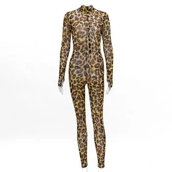 Văd prin transparența leopard de imprimare sexy femei 2019 iarna plasă de mult salopeta festivalul de corp costume petrecere de îmbrăcăminte