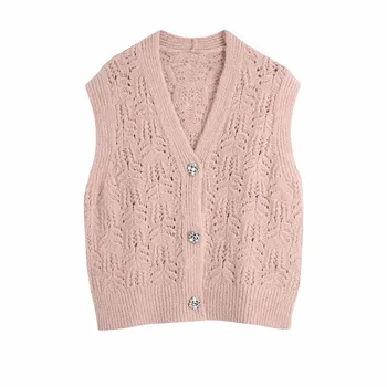 Za Femeie 2021 Deschis Tricot Vesta Pulover Roz Toamna Iarna Vintage Stras Butonul Knit Cardigan Pentru Femei Maneca Lunga Topuri Tricotate