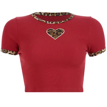 Roșu în Formă de Inimă Leopard Print Top Drăguț T-shirt Femei Sexy Crop Top Casual de Vara Strans Tricou Top