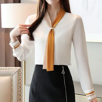 Bluza Femei 2021 Primăvară Șifon Bluza Tricouri Butonul OL Arc Solid Blusas Mujer De Moda coreeană de Moda de Îmbrăcăminte de Epocă 7188 50