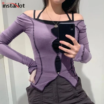 InstaHot Violet Negru Skinny, tricou cu Maneca Lunga Casual Vintage Side Stripe Femei Toamna Gol Afară Sexy Streetwear 2019 Moda
