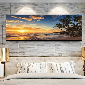 Apusuri de soare pe Plaja de nucă de Cocos Palmier Panorama Peisaj Tablouri Canvas Postere si Printuri de Arta de Perete de Imagine pentru Camera de zi Decor Acasă