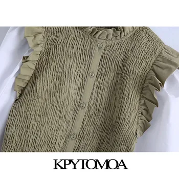 KPYTOMOA Femei 2021 Moda Mozaic Smocked Elastic Trunchiate Bluze Vintage Maneca Lunga Ciufulit de sex Feminin Tricouri Topuri Chic