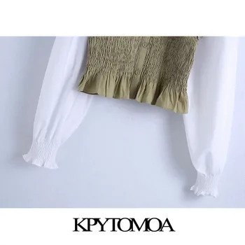 KPYTOMOA Femei 2021 Moda Mozaic Smocked Elastic Trunchiate Bluze Vintage Maneca Lunga Ciufulit de sex Feminin Tricouri Topuri Chic