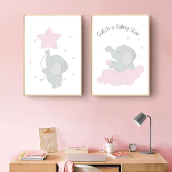 Elefant Roz Star Panza Copii Poster Print Fata De Copil Pepinieră Arta De Perete Tablou Pictura Nordică Copii Decorare Dormitor