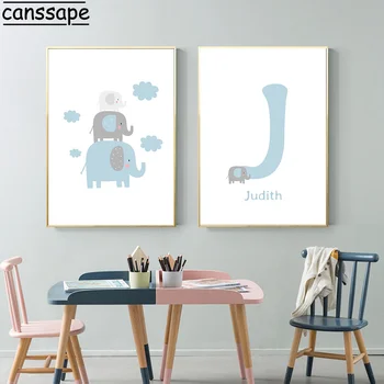 Numele Personalizate Personalizate De Perete De Arta Canvas Elefant Pictat Printuri Albastru Nor Pepinieră Poster Nordic Perete Imagini Băiat Cameră Decor