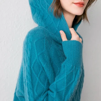 Smpevrg lână pulover femei cu gluga maneci lungi casual de sex feminin pulover femei pulover gros vrac pulovere tricotate trage femme